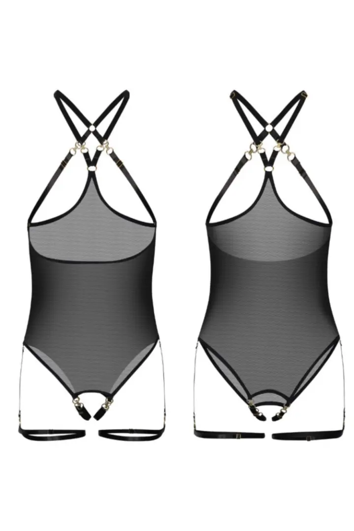 Body cupless e ouvert nero in mesh con fasce sulle cosce – foto 7