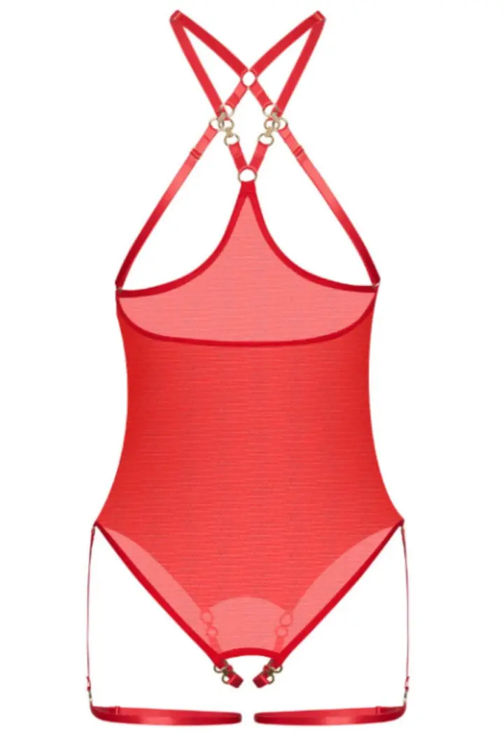 Body cupless e ouvert rosso in mesh con fasce sulle cosce – foto 6