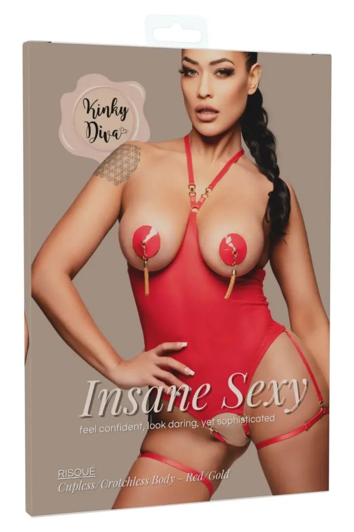 Body cupless e ouvert rosso in mesh con fasce sulle cosce – foto 5