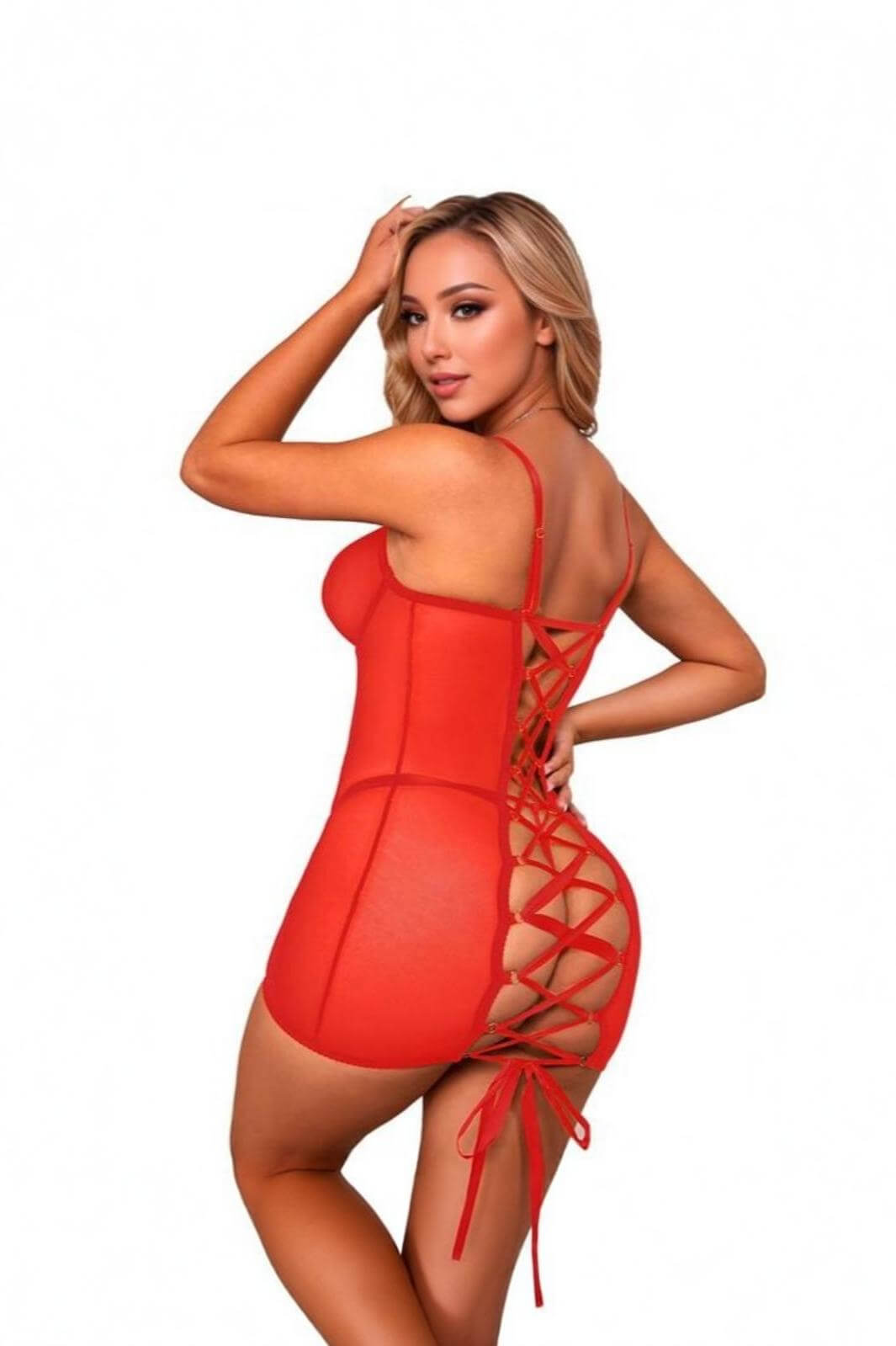 Chemise rossa trasparente allacciatura a corsetto posteriore