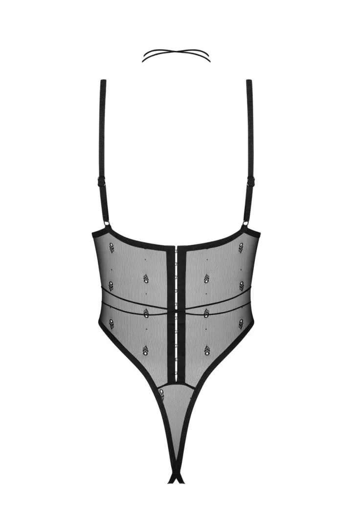 Obsessive Anniverse body ouvert nero in rete con logo jacquard – foto 5