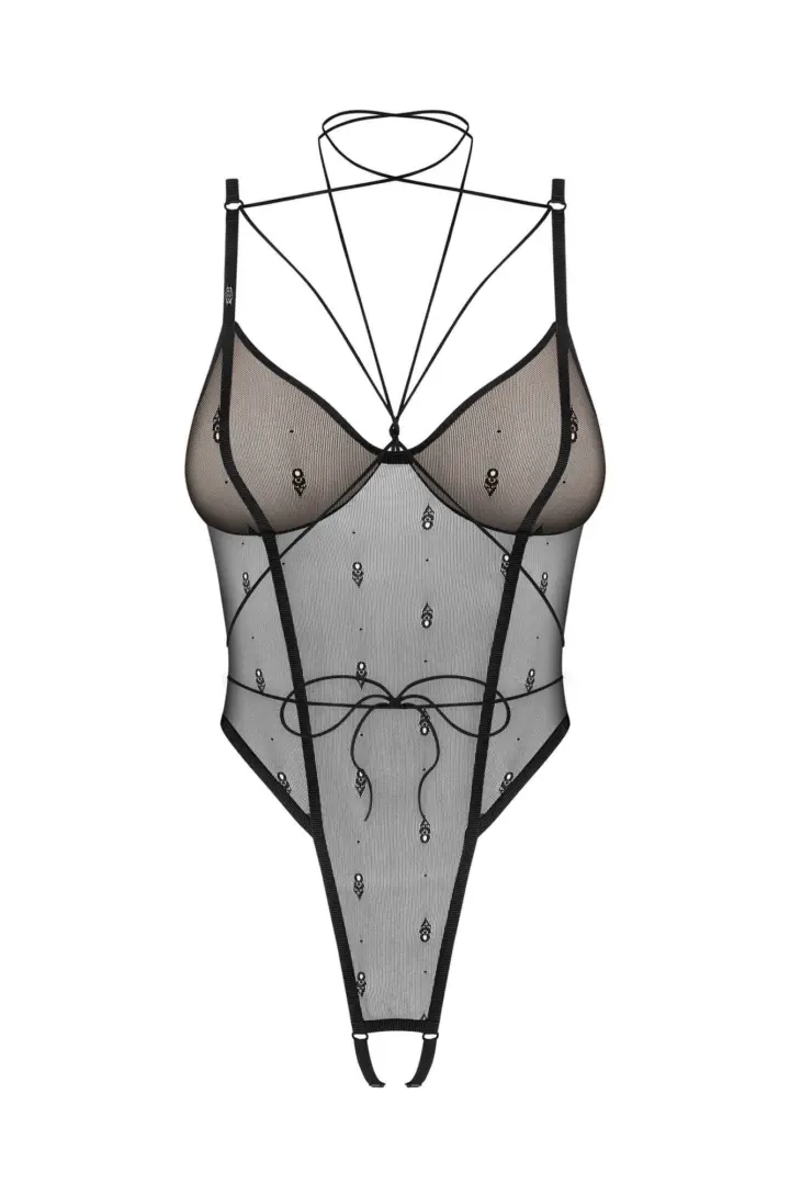 Obsessive Anniverse body ouvert nero in rete con logo jacquard – foto 2