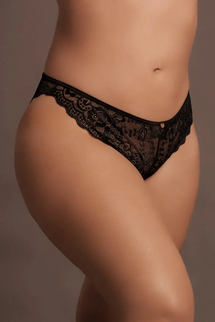 Tanga in pizzo nero con dettagli dorati Curvy – foto 3