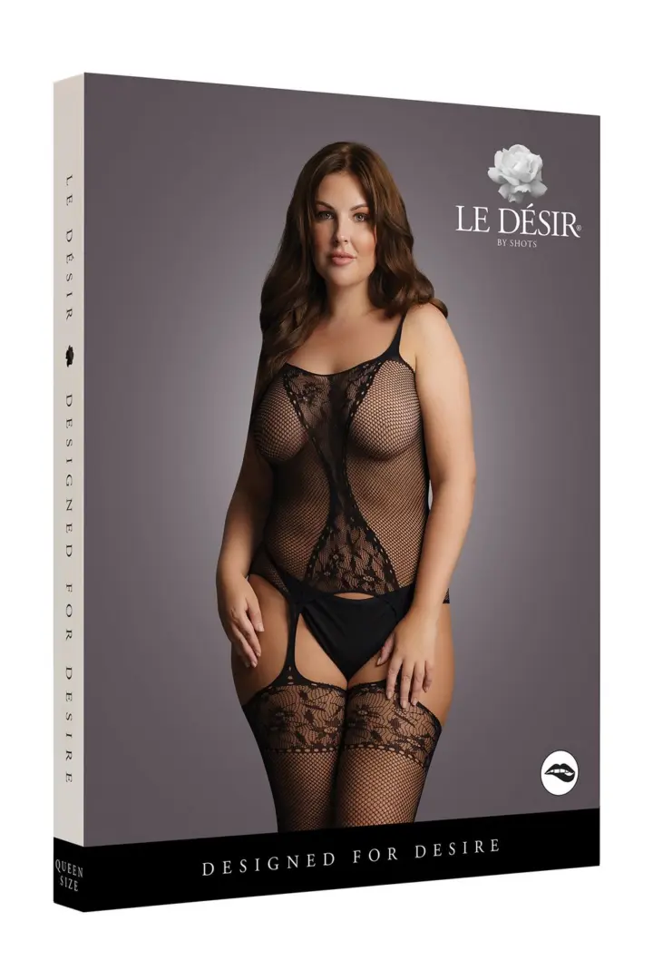 Bodystocking Curvy nera in pizzo e rete con calze integrate – foto 3