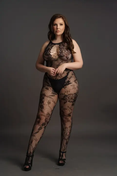 Bodystocking Curvy aperta in pizzo con incrocio sul décolleté