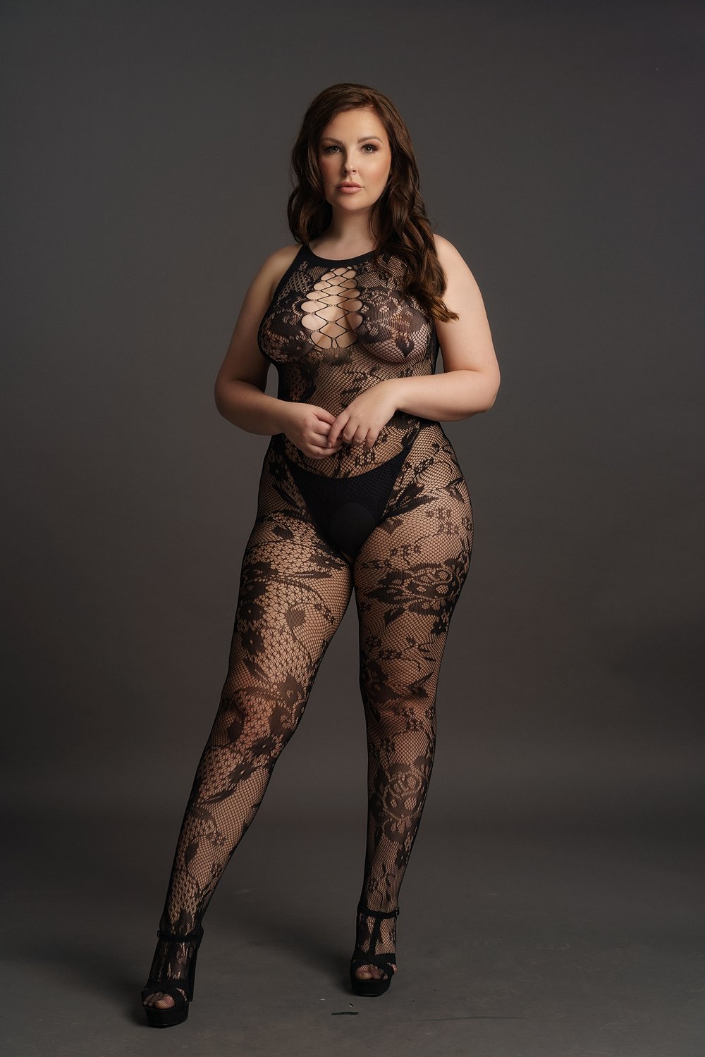 Bodystocking Curvy aperta in pizzo con incrocio sul décolleté