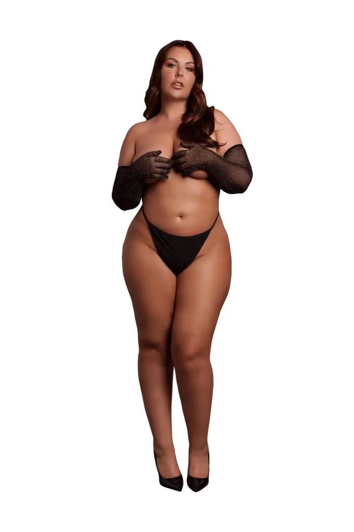 Shimmering Opera guanti lunghi Curvy neri glitter oro
