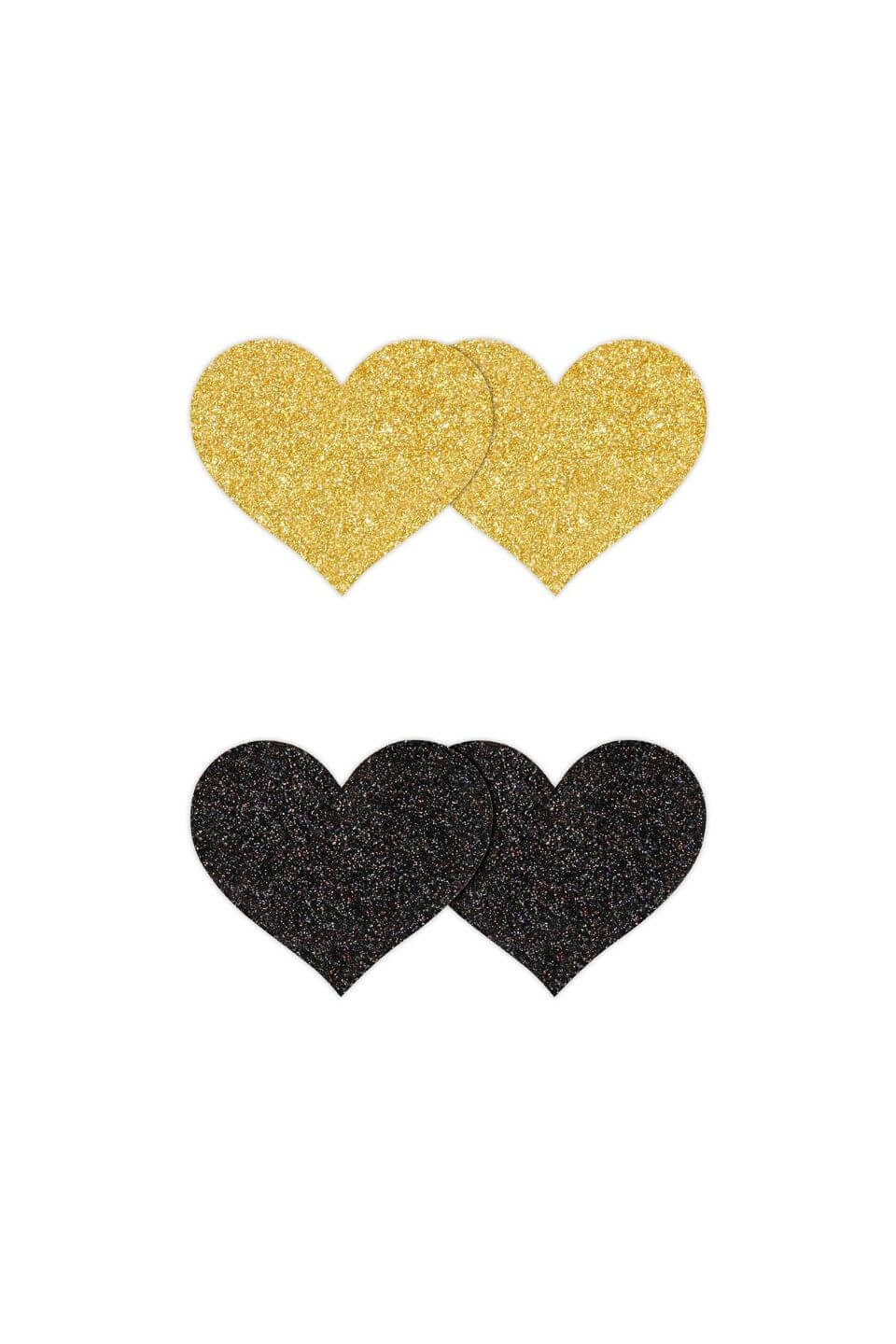 Copricapezzoli adesivi a cuore glitter nero e oro, 2 paia