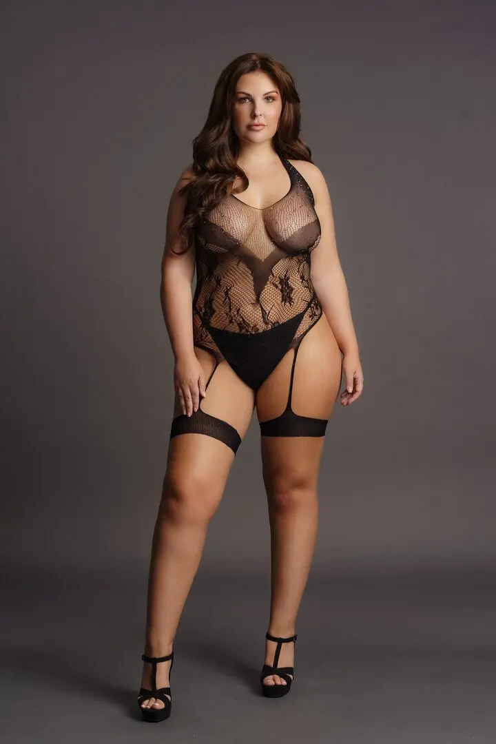 Rhinestone Halter body Curvy aperto con strass e fasce coscia