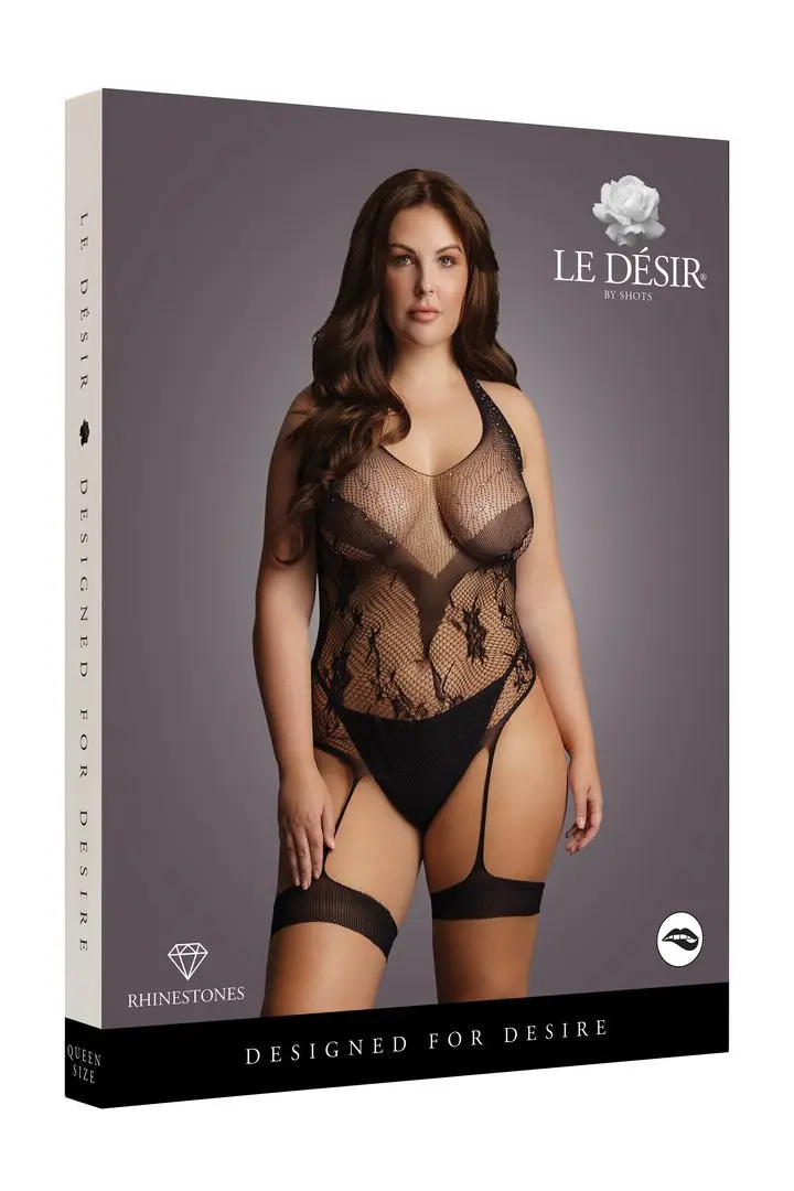 Rhinestone Halter body Curvy aperto con strass e fasce coscia – foto 3