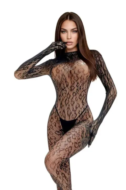Bodystocking Nera a Rete Stampa Animalier Maniche Lunghe Softline