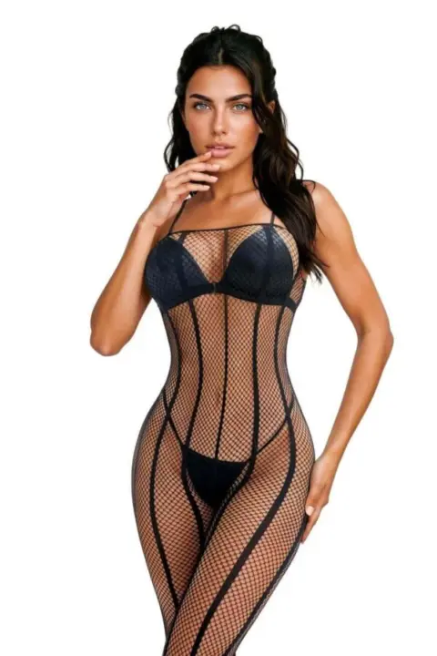Bodystocking Nera Crotchless con Linee Geometriche Snellenti Softline