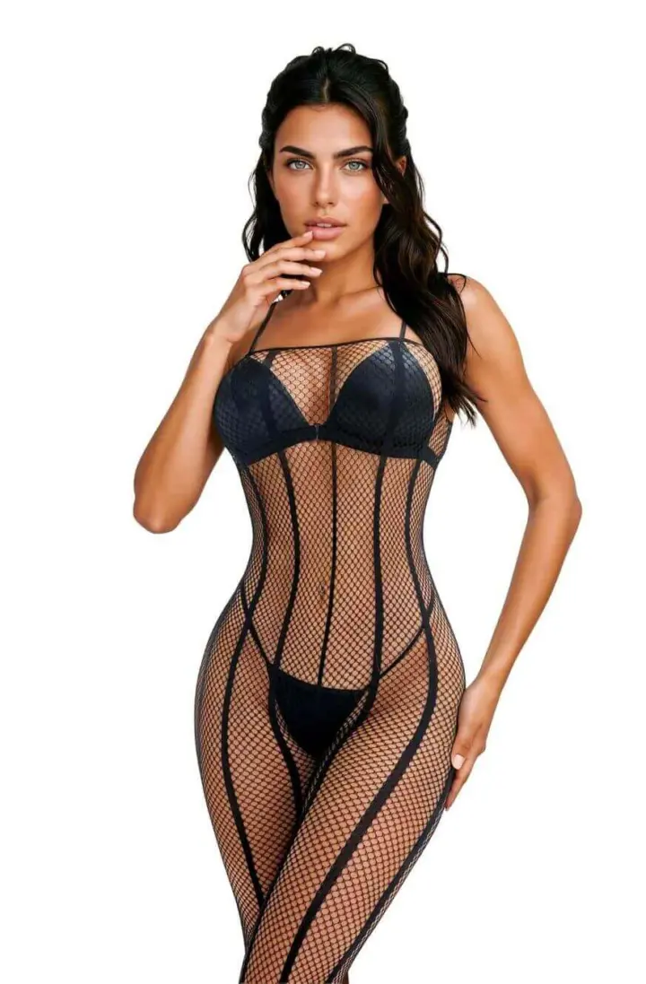 Bodystocking Nera Crotchless con Linee Geometriche Snellenti Softline
