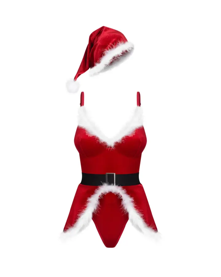 Body Rosso in Velluto con Piume e Copricapo Obsessive
