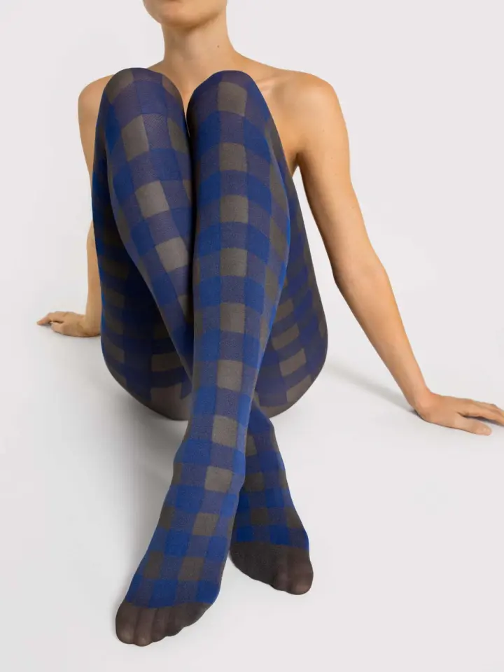 Collant Cobalto a Quadri in Microfibra Indigo Fiore