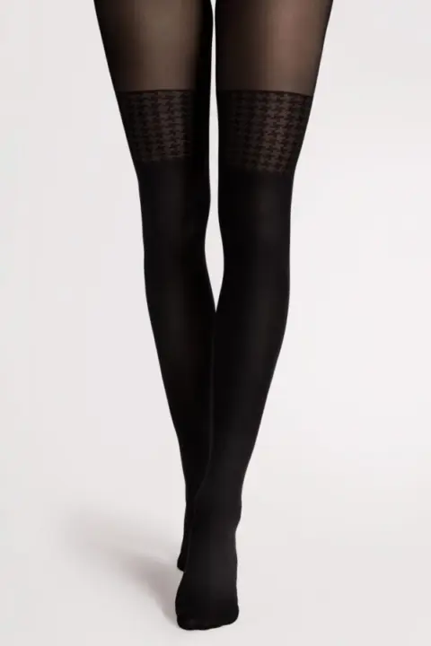 Collant Nero con Fantasia Pied de Poule Pepita Fiore
